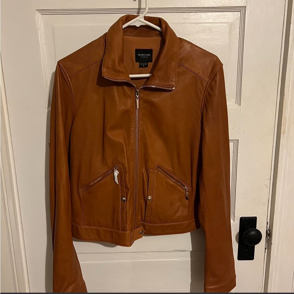 Marciano Women's Tan Cropped Leather Moto Jacket “Faline”
